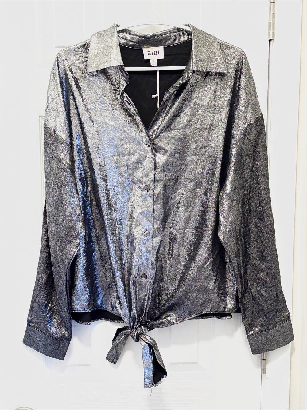 BIBI Metallic Silver Tie-Front Button Shirt /WITH TAGS